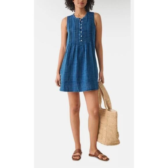Faherty Women's Isha Basketweave 100% Cotton Dress Indigo Blue Sz M - Picture 6 of 7